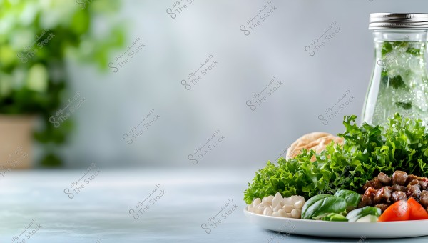 A plate with a fresh salad including green lettuce leaves, meat cubes, red tomatoes, basil, and white beans, accompanied by a bottle of water infused with cucumber slices and mint leaves. The background features blurred green plants.