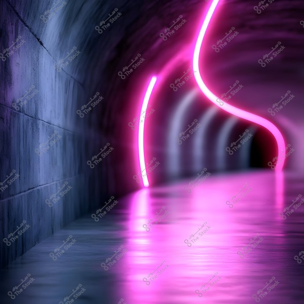 A dark, modern tunnel lit by wavy pink neon lines running along the wall. The lights reflect on the floor, giving the space a futuristic atmosphere.