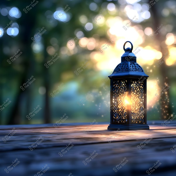 A decorative metal lantern illuminated and placed on a wooden surface at sunset. The lantern emits a warm glow that highlights its intricate patterns. The background fades into soft bokeh of green and blue hues, providing a sense of tranquility and nature.