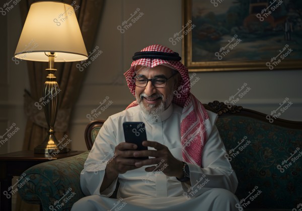 A portrait of a man wearing traditional Saudi attire, including a thobe and a red checkered shemagh, sitting on an ornate sofa and holding a mobile phone. He is wearing glasses, smiling, and looking at his phone. In the background, a lit lamp provides warm lighting to the room, and there is a painting hanging on the wall.