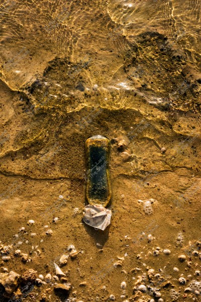 Image of a plastic bottle partially submerged in water, placed on sandy beach. Sand and scattered shells can be seen around the bottle, with small waves surrounding it. The lighting reflects a distinctive pattern on the water.