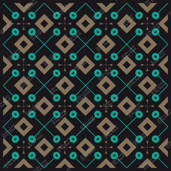 نمط هندسي مكون من أشكال ماسية وخطوط وزخارف دائرية باللونين البني والتركوازي على خلفية سوداء.