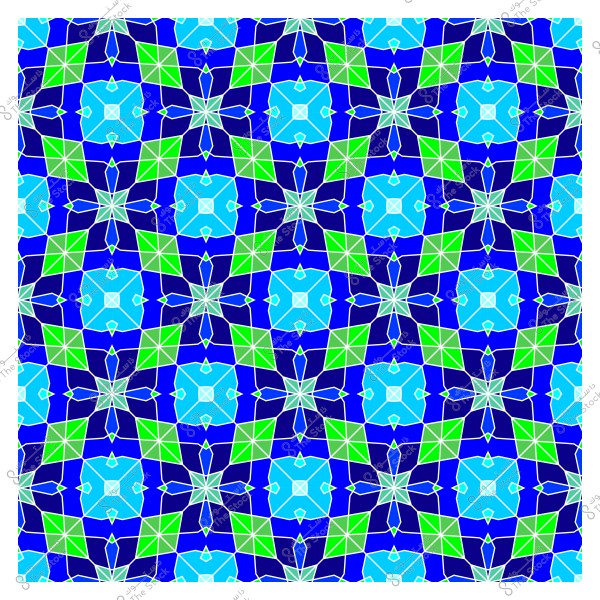 تصميم هندسي إسلامي مكوّن من نمط متكرر من المربعات والنجوم بعناصر باللونين الأخضر والأزرق. التصميم متناظر ومعقد, مع تفاصيل باللون الأبيض لتمييز الأشكال الهندسية المتنوعة.

-