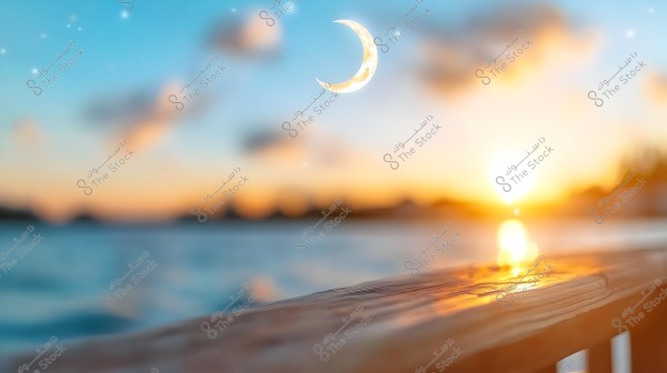 An image showing a scenic sunset over the sea. The sky features scattered stars and a prominent crescent moon in the center. In the foreground, there is a section of a wooden surface shaded by the bright sunlight.
