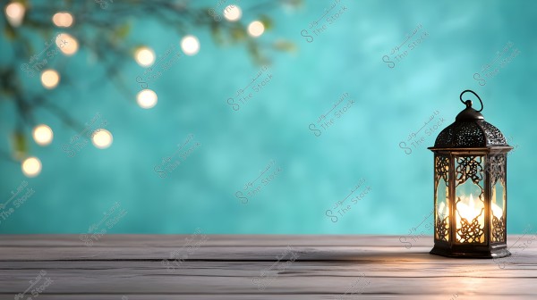 An image of an ornate metal lantern lit on a wooden surface, with a green background and blurred decorative lights resembling bokeh. The lantern conveys a serene and warm atmosphere.