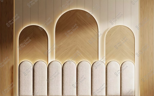 An interior wall design featuring three equally sized vertical illuminated arches. The arches are made of wood with natural colors and contain simple geometric patterns. Below each arch are vertical rectangular panels covered in soft, light-colored fabric. The design conveys elegance and modernity.
