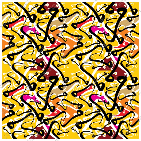 An artistic painting featuring decorative designs in Arabic calligraphy style with black and colorful lines on a yellow background.