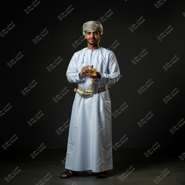 An image of a man wearing traditional Omani clothing, including a white dishdasha, an Omani turban, and a traditional khanjar belt. The man is holding a perfume bottle in his hands. The background is dark, highlighting the man in the center of the image.