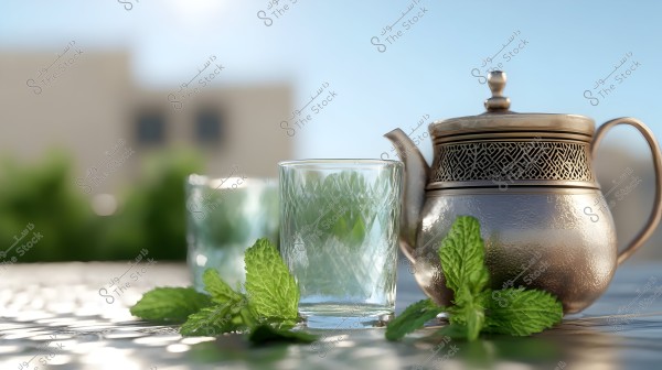 The image features an intricately designed silver teapot and a glass cup next to some fresh mint leaves on a table under bright sunlight. In the background, there is a blurred natural setting with trees and a building on the horizon under a clear blue sky.