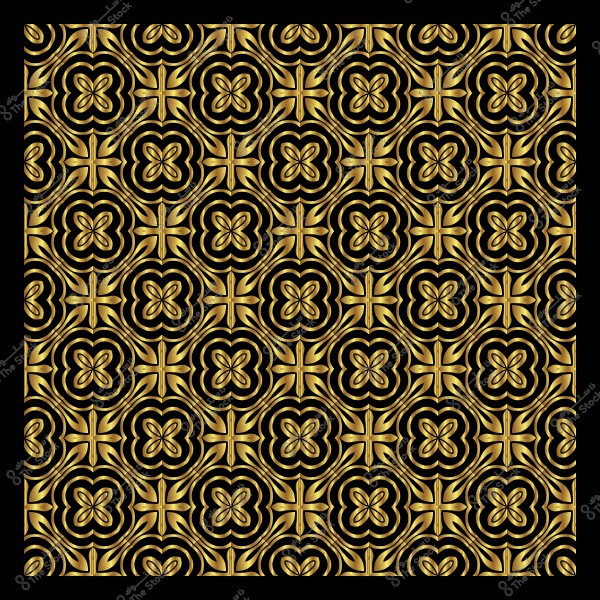 نمط زخرفي ذهبي على خلفية سوداء, يتميز بتكرار أشكال هندسية مزخرفة.