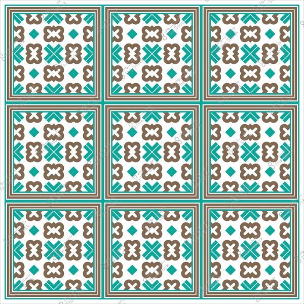 تصميم نمطي متكرر لأشكال هندسية باللونين الأخضر والبني داخل مربعات.