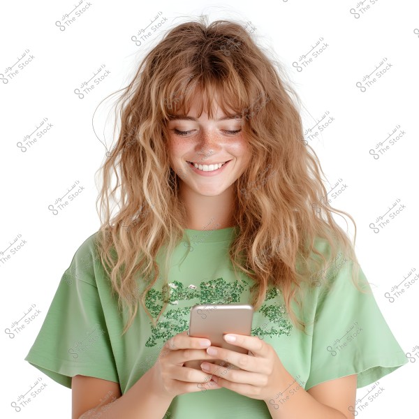 A young woman smiling, wearing a green shirt, standing against a white background, holding a smartphone in her hands.
