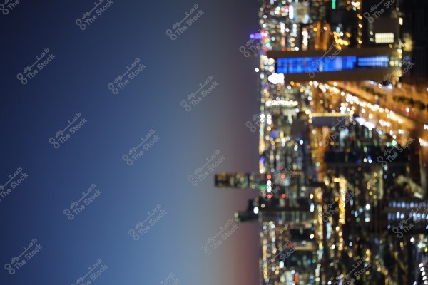 A nighttime view of a city with bright, illuminated lights from above, showing numerous tall buildings lit up in various ways. The sky is dark, with remnants of sunset on the horizon, and the lights vary between white, yellow, blue, and red, creating a vibrant urban scene.