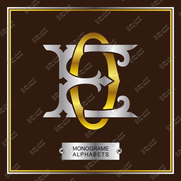 تصميم مونوغرام بزخارف فضية وذهبية على خلفية بنية داكنة.