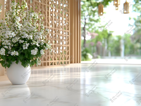 An interior scene showing white flowering plants in a large white pot placed on a shiny marble floor. In the background, there is a wooden partition with a geometric design, and outside the window, green trees and natural light are visible.
