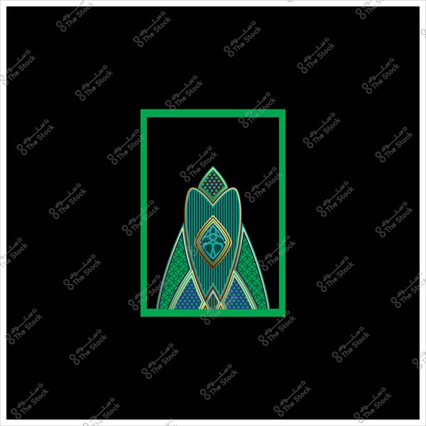 تصميم رقمي هندسي ملون بزخارف خضراء وزرقاء داخل إطار أخضر على خلفية سوداء.