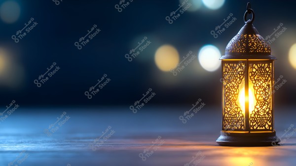 A decorative lantern with warm lighting placed on a wooden surface, with a blurred night background. The light emanating from the lantern creates a calm and comforting effect, showing the contrast between the glowing lantern and the dark colors in the background.