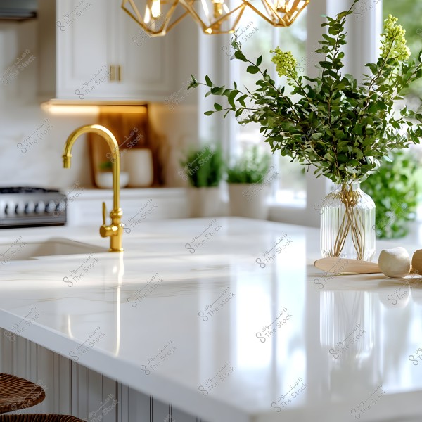 A modern kitchen with calm colors, featuring a glossy white countertop with a gold faucet. A transparent vase with green plants is placed on the countertop. In the background, there are white cabinets and a modern stove with additional decorative plants on the counter.