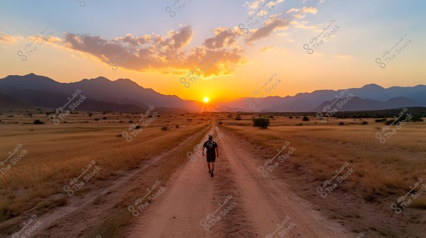 Image of a person walking on a dirt road amidst grass fields under a sunset. The horizon features silhouetted mountains and clouds creating a dramatic scene in the sky with shades of orange and gold.
