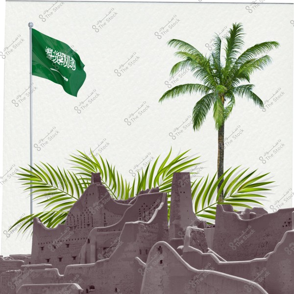 An image depicting a scene featuring the Saudi Arabian flag, palm trees, and traditional old buildings. The green Saudi flag is seen waving on a tall pole on the left side of the image, while a green palm tree stands on the right, with traditional old Saudi buildings in the foreground.
