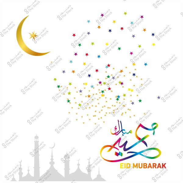 Golden crescent and colorful stars with \"Eid Mubarak\" text and mosque decorations.