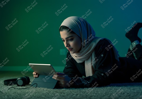 The image shows a girl lying on a carpeted floor intently looking at a tablet. She is wearing a light-colored hijab and dark clothing, with headphones placed beside her. The surrounding environment is calm with soft lighting, complementing the blue and green tones.