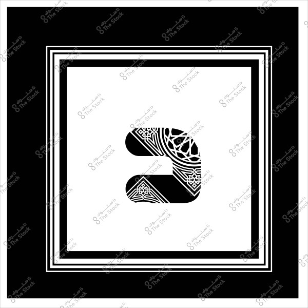 A black and white design featuring a geometric ornate shape within a square frame.