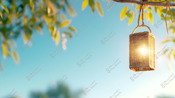 Image of a wicker lantern hanging from a tree branch. The lantern glows with sunlight, set against a backdrop of a blue sky and blurry green leaves in the foreground.