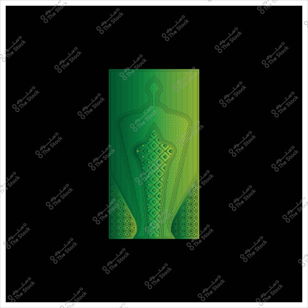 صورة تظهر تصميمًا مجردًا لشكل يشبه الصقر محفور على سطح أخضر اللون داخل إطار أسود. يحتوي التصميم على تفاصيل هندسية ومظهر منقوش يعطي إحساسًا بالتوازن والتماثل.

-