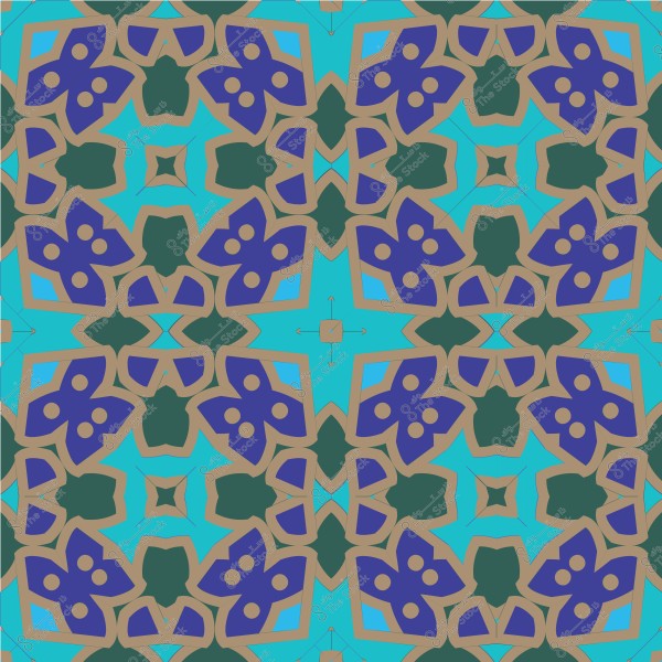 A decorative design featuring a geometric pattern in blue, green, and gold colors.