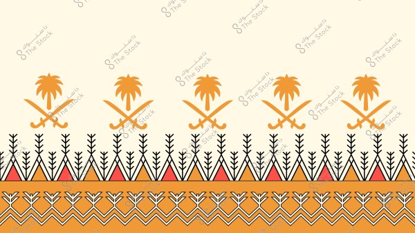تصميم زخرفي يحتوي على أنماط من السيوف والنخيل باللون البرتقالي مع خلفية بيج. النمط يتضمن خمسة رموز مكررة تتكون من سيفين متقاطعين يعلوهما نخلة. الأسفل مزين بتصاميم هندسية سوداء وبرتقالية وحمراء متكررة.