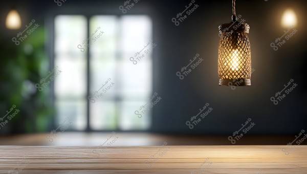 A hanging lamp with a woven design illuminated and suspended above a wooden surface. The background is blurred, showing a large rectangular window and faint light sources, creating a warm and serene ambiance.