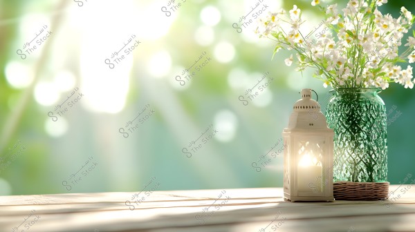 An image featuring a lit white transparent lantern placed on a wooden table, alongside a green glass vase containing small white flowers. The background is softly blurry with natural green bokeh and sunlight.