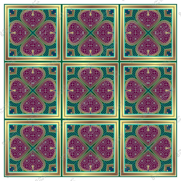 Decorative pattern of mosaic panels with gold, blue, and purple colors and intricate geometric elements.