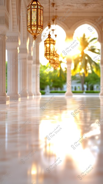 An image of a covered corridor with ornate white columns and an arched ceiling. Golden chandeliers with intricate patterns hang from the ceiling, with sunlight streaming through the arched windows in the background, creating beautiful reflections on the glossy marble floor. Palm trees and greenery are seen in the background, adding a traditional Arabian ambiance to the scene.