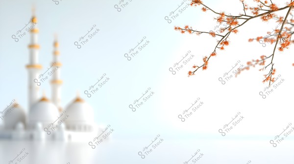 An image of a flowering tree branch with orange blossoms on the right side, with a blurred background of a large mosque featuring white domes and minarets topped with golden domes on the left side. The sky is a light, calm blue.
