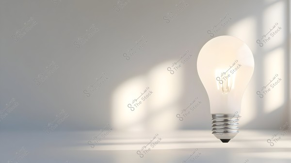 An image of a lit light bulb standing on a flat surface. The light glows softly, casting gentle shadows on the white background. The design is simple and modern with a touch of elegance.