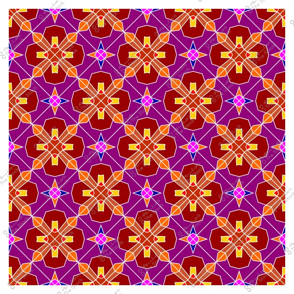 نمط إسلامي هندسي متعدد الألوان بأشكال أزهار متكررة بألوان البرتقالي والأحمر والبنفسجي.