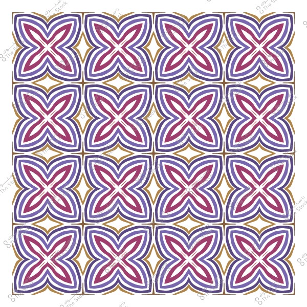 Geometric decorative pattern with intersecting shapes in purple, pink, and gold colors.