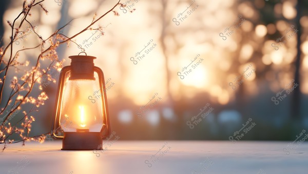 An old-fashioned oil lamp lit on a wooden surface with a sunset background. Some delicate branches adorned with tiny flowers are beside the lamp, adding a natural and warm touch to the scene.
