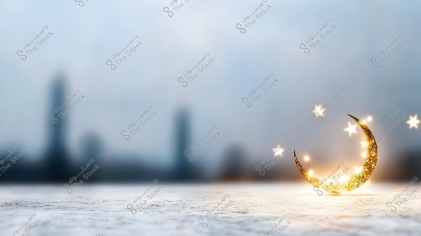 An image featuring a misty sky in the background with a blurred skyline of distant buildings. In the foreground, a golden crescent moon is illuminated with sparkles and small bright stars around it, resting on a shiny white surface.
