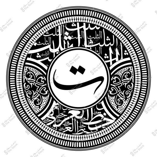 تصميم فني دائري يحتوي على خط عربي مزخرف. في مركز التصميم, يوجد الحرف العربي "ث" مكتوب بأسلوب بارز. يحيط به نمط دائري معقد يتضمن كلمات عربية وأشكال هندسية متناظرة, ما يضفي على التصميم طابعاً إسلامياً تقليدياً.

-