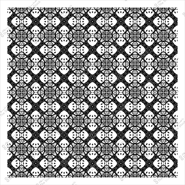 نمط هندسي بالأبيض والأسود يظهر في صورة مكررة بشكل متناظر. النمط يتكون من أشكال ذات تصميم متقن تشبه الأزهار أو الزخارف العربية, مما يخلق مظهراً متشابكاً وجذاباً بصرياً.

-