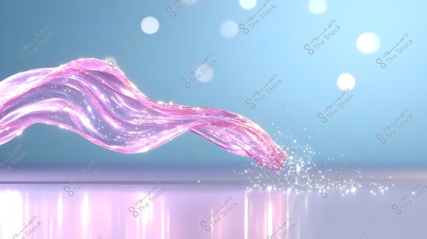 An image depicting a glittering, translucent pink ribbon floating in the air against a light blue background. Light sparkles across the ribbon, creating shimmering effects, while reflections appear on the surface below. Scattered white light dots are visible in the background.