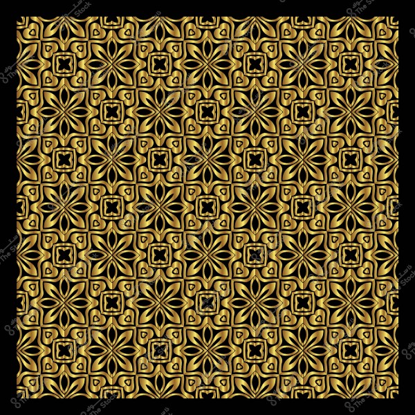 نمط هندسي ذهبي معقد يحتوي على أشكال زخرفية متناظرة مكررة على خلفية سوداء.