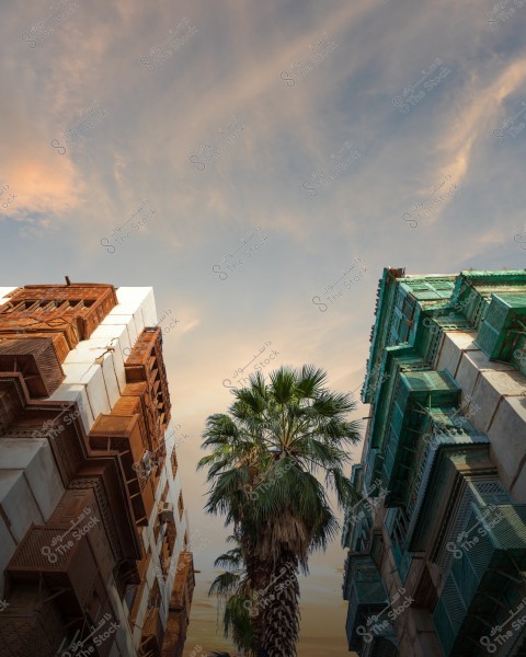 The image shows a narrow street view in Jeddah, Saudi Arabia, with traditional old buildings on both sides featuring intricately carved wooden windows in brown and green colors. In the center, there is a tall palm tree under a blue sky with light clouds.