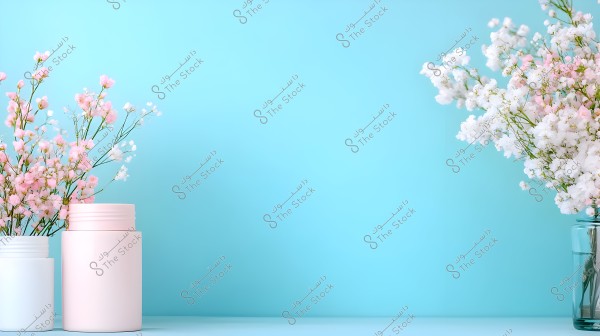 The image features small pink and white flowers placed in two containers, one white and one pale pink, alongside a clear glass vase filled with white flowers. All are positioned on a light blue surface with a matching light blue background, creating a calm and refreshing atmosphere.