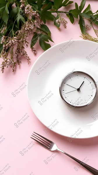An image of a large white plate placed on a pink surface, with a small round clock in the center. To the left side of the image, there are green and purple flowers. A silver metal fork is positioned at the bottom left of the image.