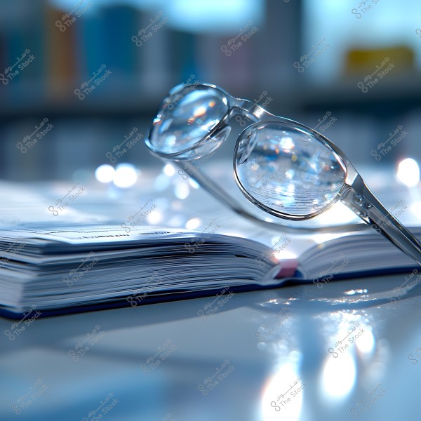 A pair of clear glasses placed on an open book in a library setting, with blurred bookshelves in the background. The main focus is on the glasses and the open page, with light reflections giving a sparkling effect on the lenses and surrounding surface.