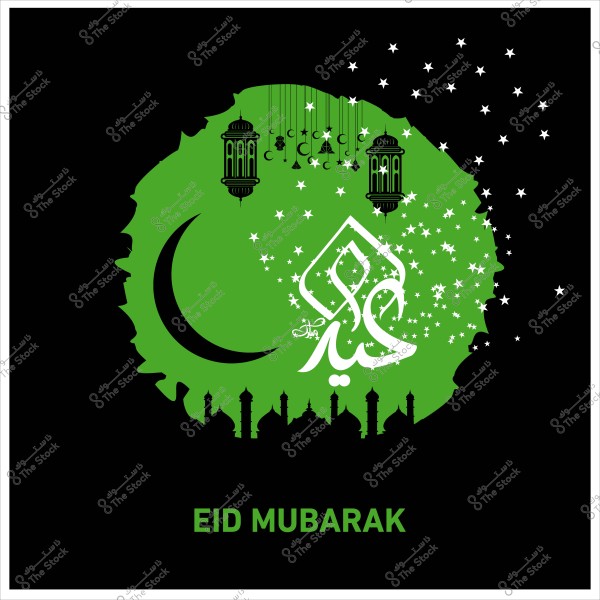 تصميم عيد مبارك مع هلال وفوانيس وزخارف إسلامية في خلفية خضراء وسوداء.